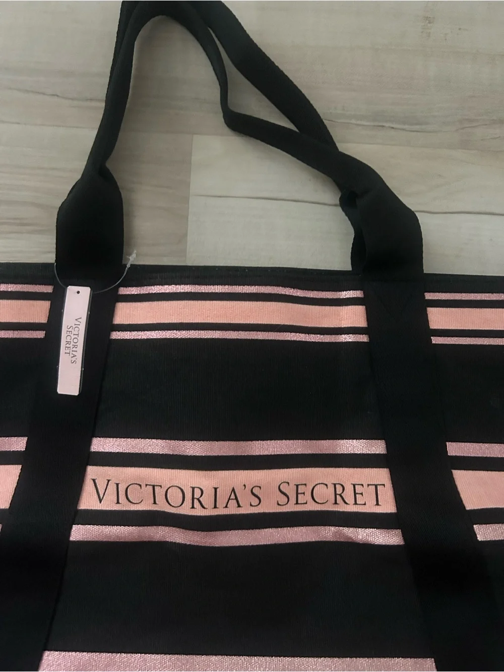Victoria's Secret Black and Pink Striped Canvas Tote